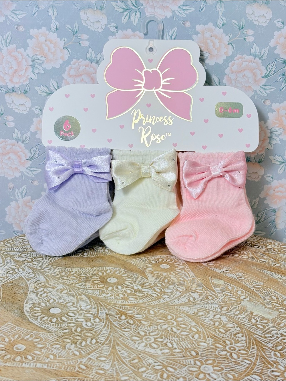 Princess Rose Baby Socks - Lavender, Cream & Pink - 6 Pack